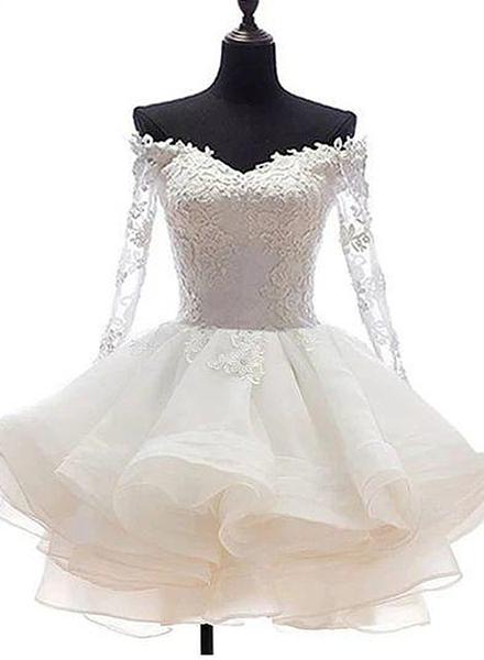 White Off Shoulder Short Organza With Lace Top Graduation Dress, Short Wedding Party Dress