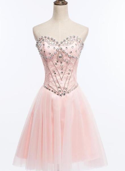 Light Pink Beaded Tulle And Lace Sweetheart Homecoming Dress, Pink Tulle Prom Dress