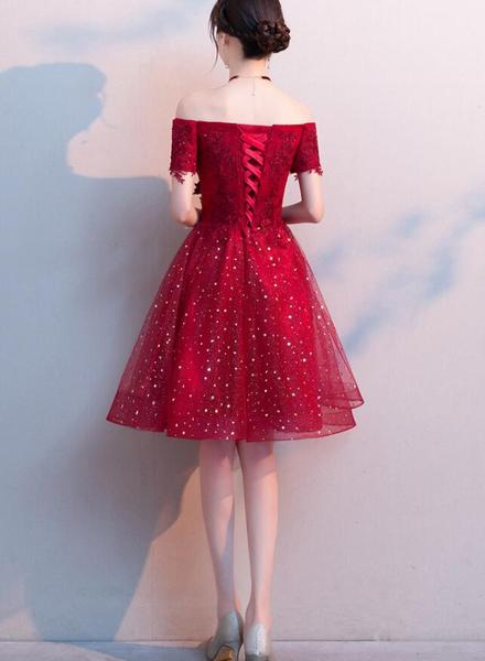 Off the Shoulder Red Satin Short Prom Homecoming Dress GJS710