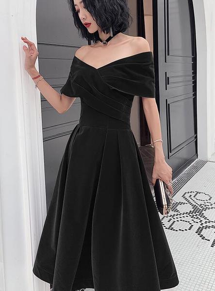 Beautiful Velvet Off Shoulder Black Tea Length Evening Dresses, Chic Prom Dress