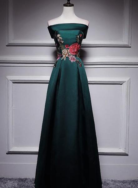 Dark Green Satin Long Party Dress With Embroidery, Green Prom Dress