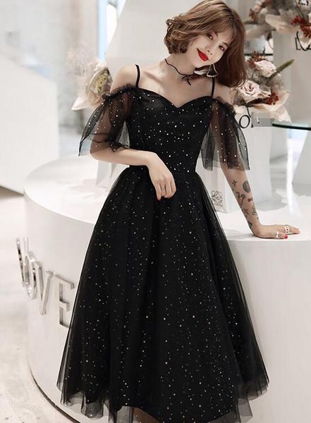 Shiny Black Off Shoulder Tea Length Party Dress Prom Dress, Black Homecoming Dresses