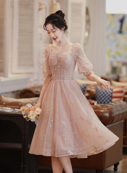 Lovely Pink Lace Short Sleeves Sweetheart Vintage Style Party Dress, Pink Homecoming Dresses