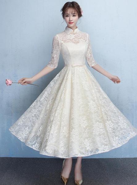 Ivory Lace High Neckline Short Sleeves Cute Bridesmaid Dress, Ivory Tea Length Party Dresses