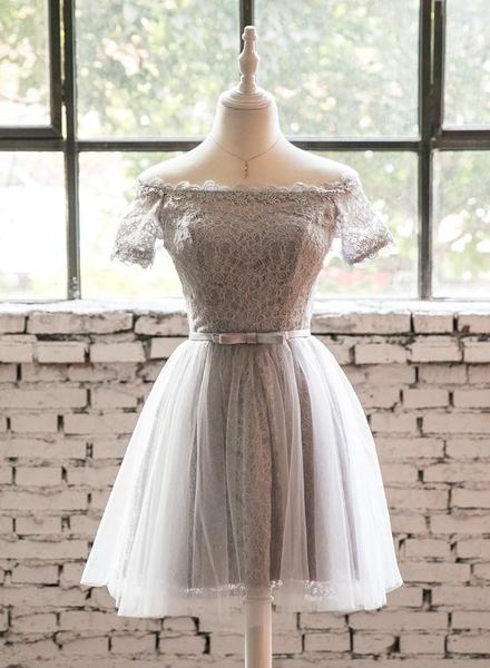 Grey Lace Tulle Short Sleeves Homecoming Dress Party Dress, Light Grey Formal Dresses