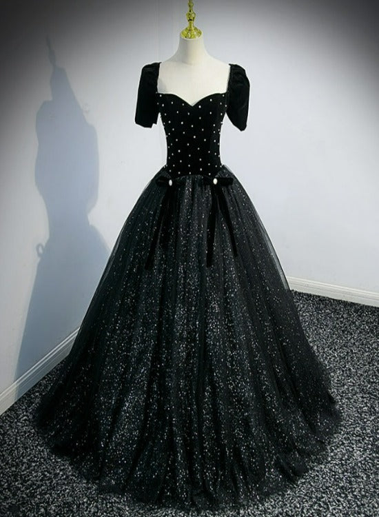 Black Short Sleeves Shiny Tulle Long Party Dress,ball Gown Formal Dresses,quinceanera Dress
