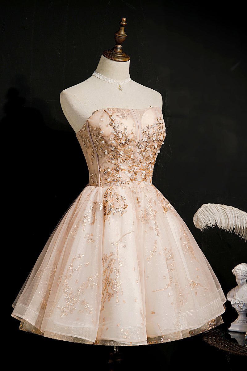Champagne Strapless Sequins Tulle Short Homecoming Dress,semi Formal Dresses