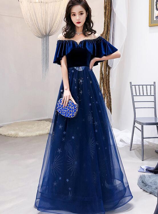 Navy Blue Velvet And Tulle Floor Length Evening Dress Party Dress, Blue Junior Prom Dresses