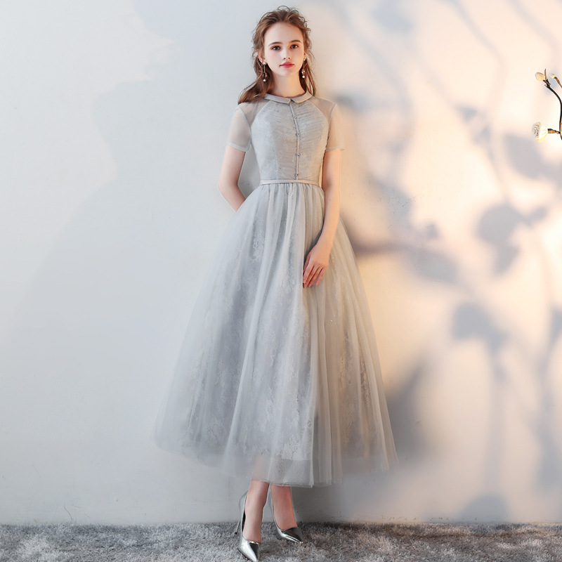 Grey Lulle Lace Formal Dress,tea Length A-line Midi Prom Gala Gown