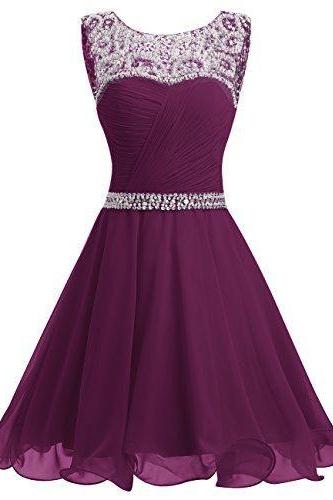 Purple Short Chiffon Party Dresses With Crystals Knee Length, Purple Short Chiffon Homecoming Dresses With Crystals Knee Length
