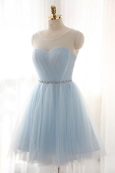 Scoop Neck Tulle Light Blue Party Dresses With Crystals Belt,short Homecoming Dresses With Crystals Belt