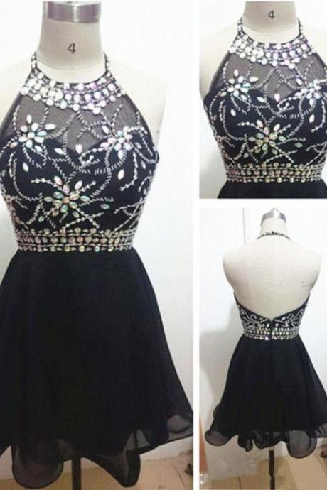 Halter Short Prom Dresses,crystal Beaded Homecoming Dresses,backless Party Dresses