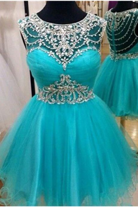 Light Blue Close Back Short A-line Beading High Low Homecoming Dresses,short Homecoming Dress,cute Dresses,short Tulle Prom Dress With Plunging
