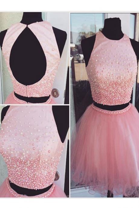 Pink Beading Tulle Short Prom Dresses,party Dresses,open Back Two Pieces Homecming Dress,cocktail Dresses,short Tulle Prom Dress With Plunging