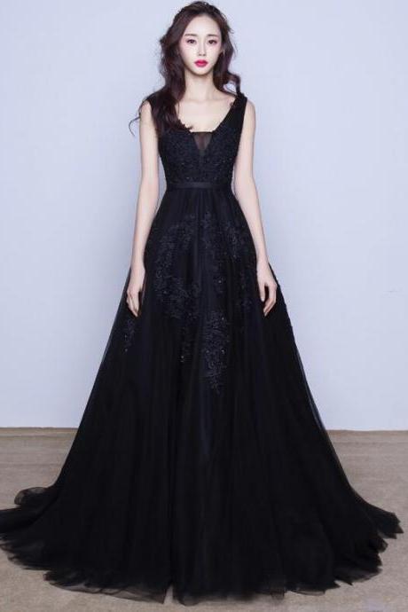 Sexy Black Tulle Lace Applique Party Dress,backless A-line Long Evening Gowns 2019