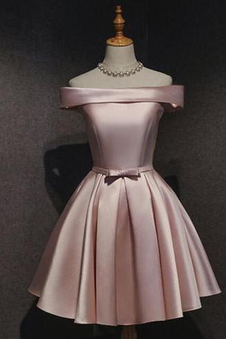 Pink Satin Off Shoulder Short Homecoming Dress 2019, A Line Prom Dresses