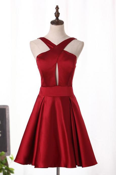 Dark Red Satin Short Cocktail Dresses 2019, Beautiful Formal Party Gown