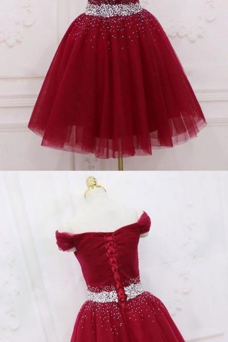 Lovely Wine Red Homecoming Dresses,off Shoulder Short Senior Prom Dress With Sequins