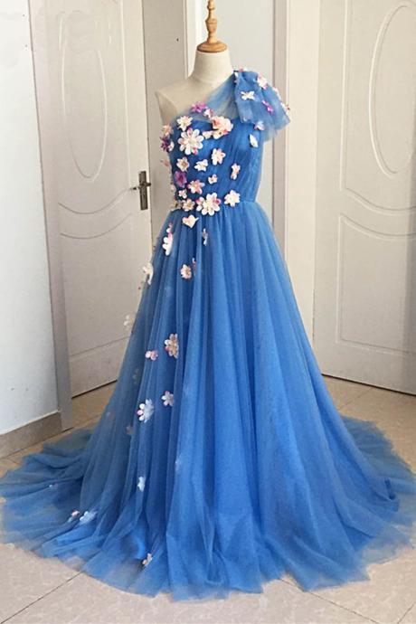 Blue Tulle With Flowers One Shoulder Long Formal Dress, Elegant Prom Gowns 2019