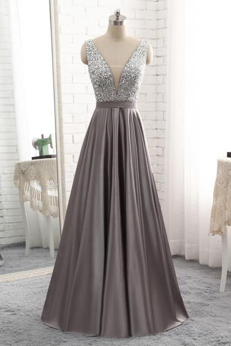 Beautiful Grey Satin Beaded Long Party Dress, Grey Evening Gowns,prom Dresses