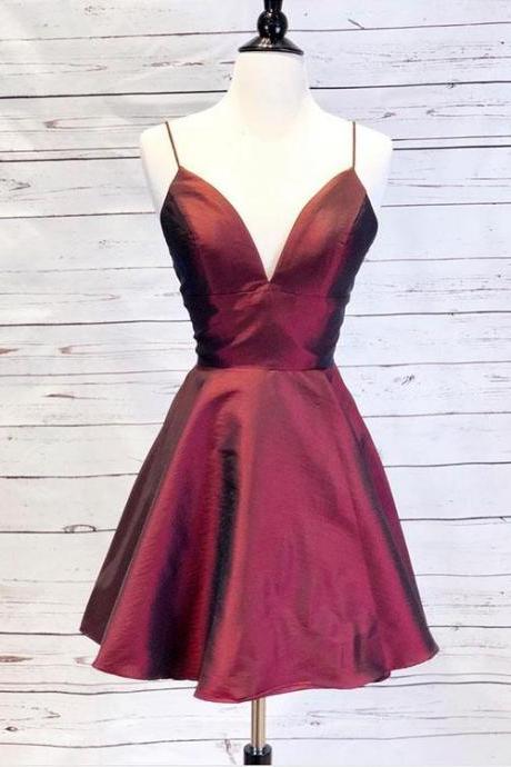 Vintage Burgundy V-neck Satin Short Homecoming Dress,short Party Dress