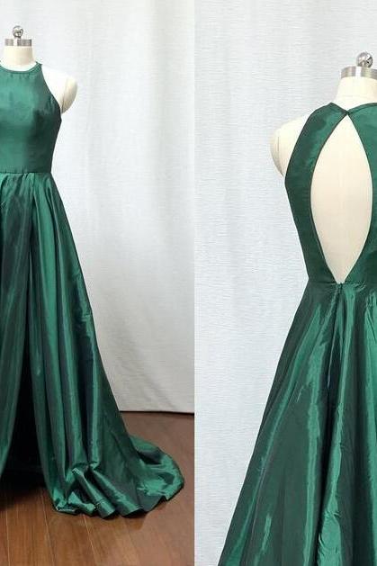 Emerald Green Taffeta A Line Long Prom Dress,sexy Backless Women Prom Gowns,women Formal Gown