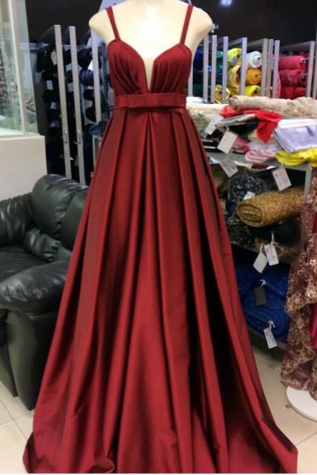 Spaghetti Straps Burgundy Prom Dresses 2019,v Neck Evening Dress