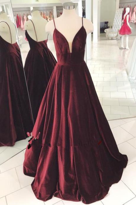 Vintage V Neck Burgundy Prom Dress 2019