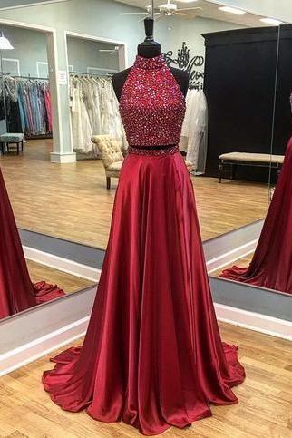 Two Pieces Prom Dress With Beaded,high Neck Top 2019 Evening Gown