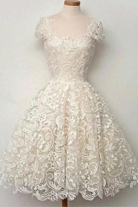 Vintage Lace Short Prom Dress,ball Gown Cocktail Dress,cap Sleeves Party Dress