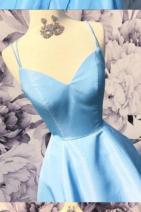 Simple Blue Satin Long Prom Dress, Short V Neck Homecoming Dress,semi Formal Dresses