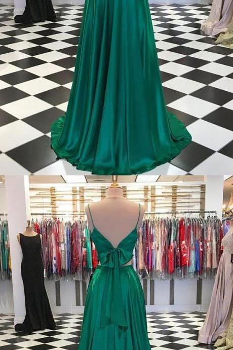 Green V Neck Satin Long Prom Dress, Two Pieces Evening Dress,long Formal Gown
