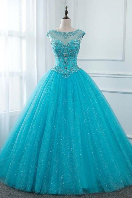 Elegant Long Ball Gown Quinceanera Dresses Beaded Corset Prom Gown
