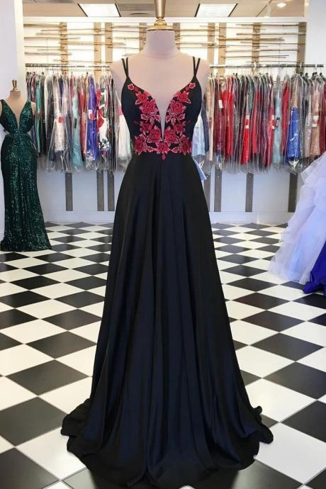 Charming V-neck Black Chiffon Prom Dress With Embroidery,black Evening Dress,women Formal Dresses
