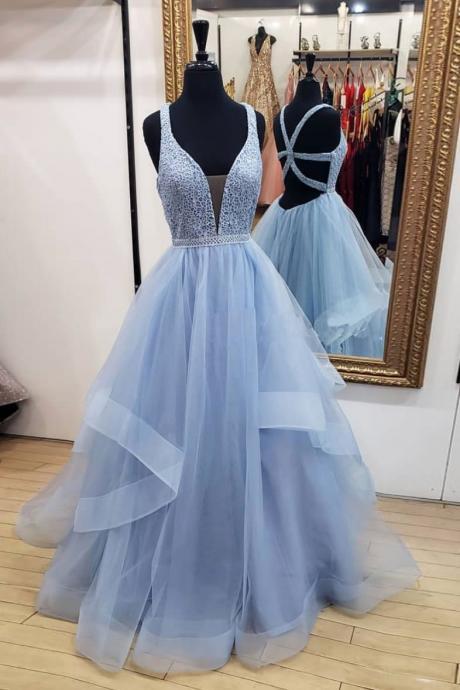 Sexy Blue V-neck Lace Prom Dress With Cross Back,sleeveless Tulle Ruffles Evening Dress