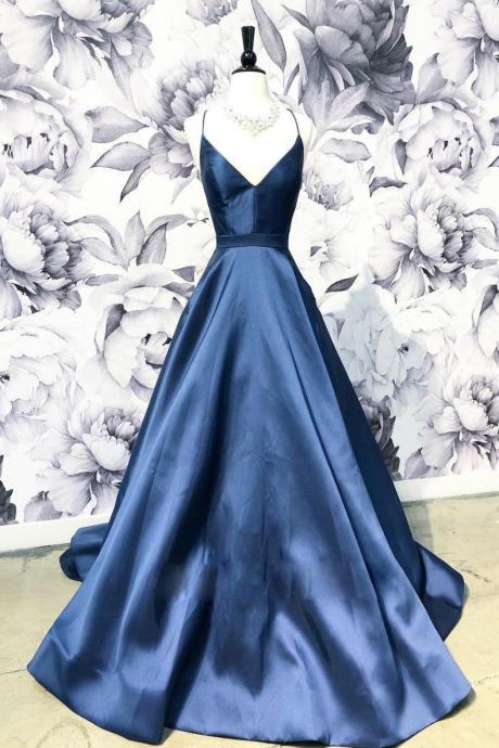 Simple V Neck Dark Blue Long Prom Dress,blue Evening Dress,party Gown