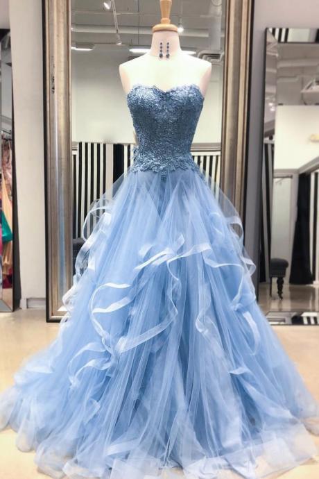 Blue Sweetheart Applique Lace Prom Dress,strapless Tulle Evening Gowns,fashion Formal Dress,graduation Dress