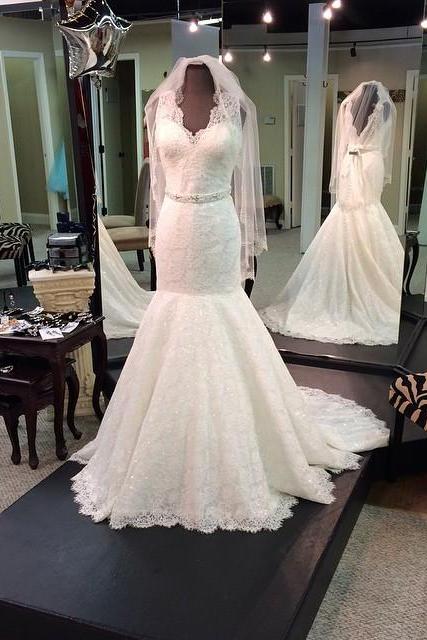 Vintage Wedding Dress,lace Mermaid Wedding Dresses, V Neck Crystal Belt Bridal Dresses,elegant Wedding Gowns