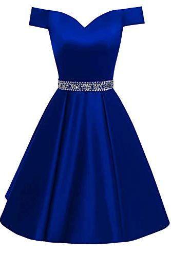Prom Dresses Off The Shoulder Backless Homecoming Dress,Royal Blue Beaded A Line Satin Cocktail Dress