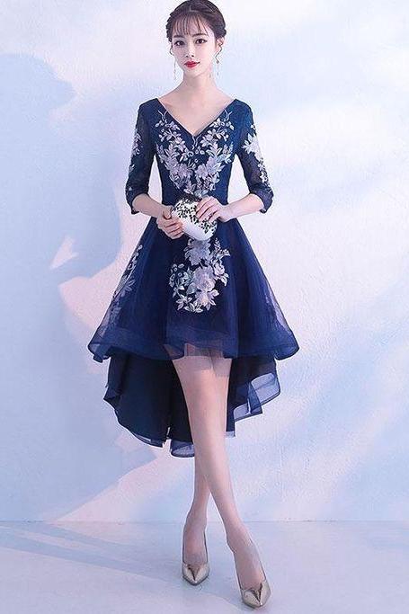 Dark Blue V Neck Tulle Lace Short Prom Dress, Half Sleeves High Low Homecoming Dress