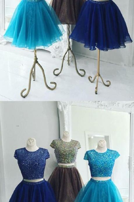 Beautiful Two Piece Stunning Two Piece Jewel Cap Sleeves Short Royal Blue Organza Homecoming Dress,tulle Cocktail Graduation Dress