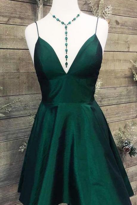 Short Dark Green Prom Dress Homecoming Dress,simple Prom Dress With Spaghetti Straps,v Neck Semi Formal Dresses