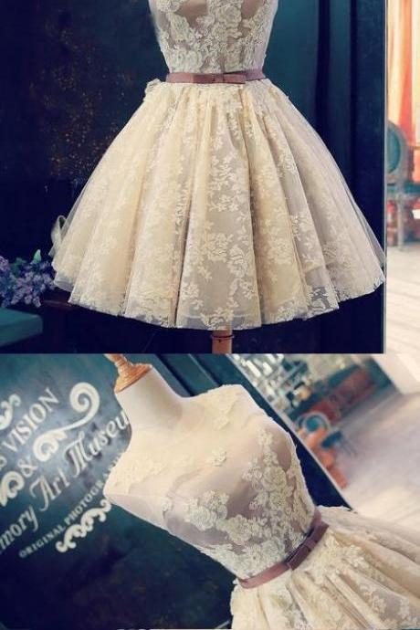 Sexy Homecoming Dress Scoop Lace Ivory Tulle Bowknot Short Prom Dress Party Dress