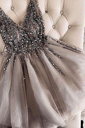Gray V-neck Beaded Tulle Homecoming Dress,short A-line Prom Dress,party Dress