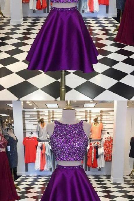 Short Prom Dresses Purple Two Pieces Sequin Short Prom Dress,back Open Homecoming Dress