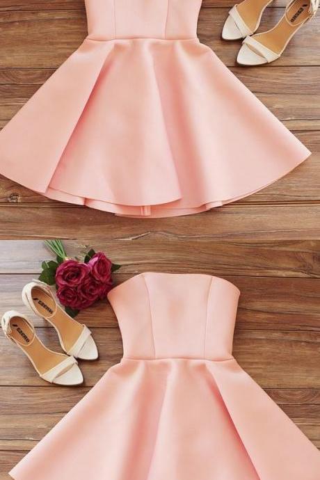 Simple Strapless Sleeveless Pink Short Homecoming Dress,semi Formal Dress