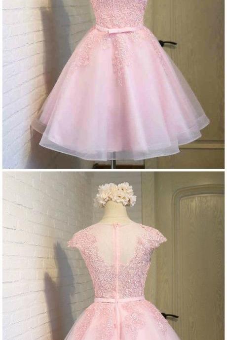 Pink Tulle Lace Prom Dresses, Lovely Formal Dresses For Teens,cap Sleeves Party Dresses