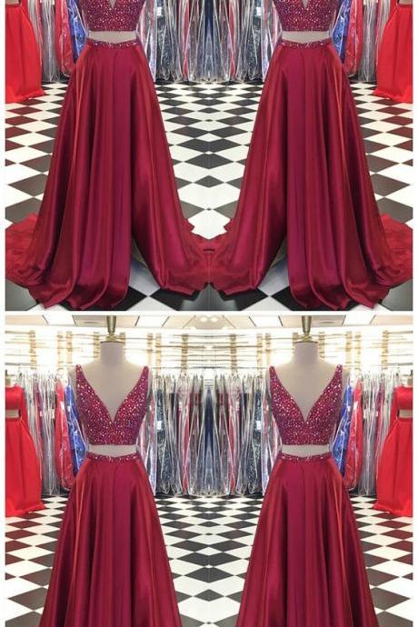 Sexy Sleeveless Prom Dress,Two Piece Prom Dresses,Beaded Crystal Long Evening Dress