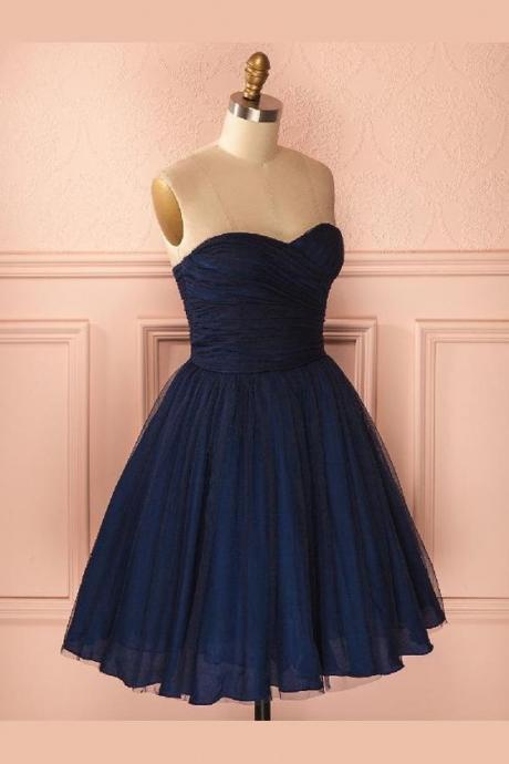 Navy Blue Homecoming Dresses, Strapless Sweetheart Short Navy Blue Tulle Cocktail Party Dress