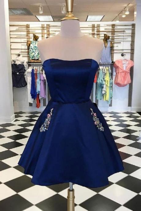 Short Prom Dress,strapless Dark Blue Short Prom Dress,sleeveless Mini Homecoming Dress With Pockets